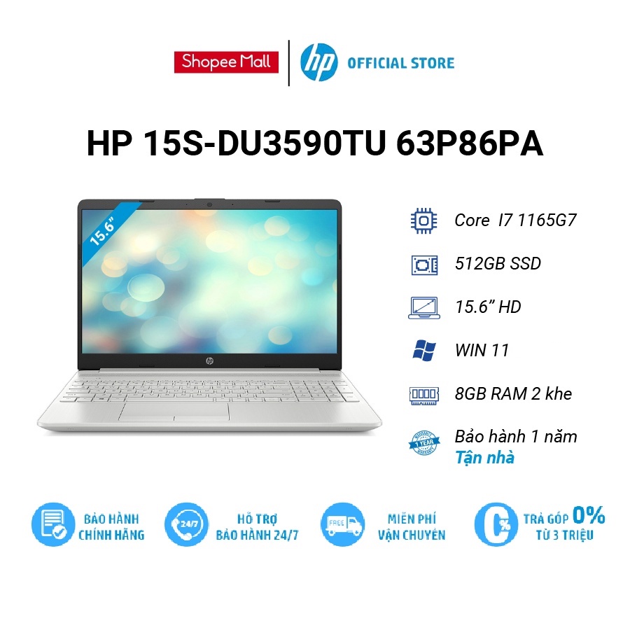 Laptop HP 15s-du3590TU 63P86PA i7 1165G7 | 8GB RAM | 512GB | 15.6"HD | Win11