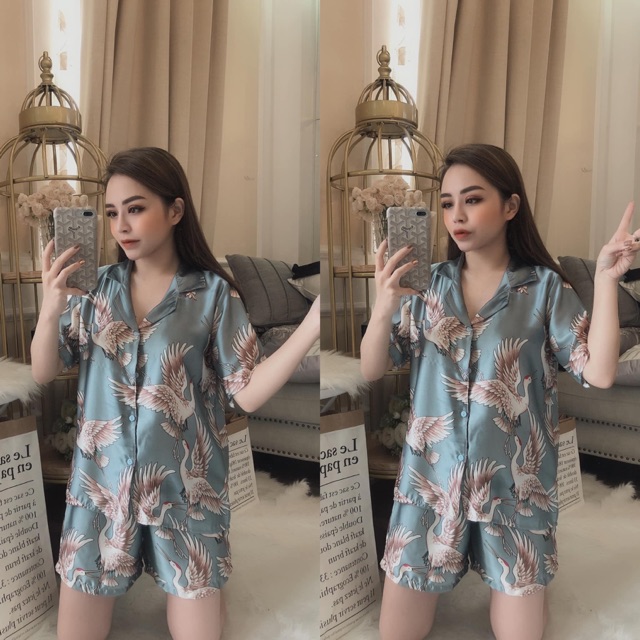 BỘ LỤA ĐÙI HẠC XANH