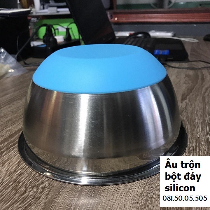 Âu tô trộn bột, âu đánh kem cheese inox đế silicon trống trượt 20cm cao 10cm