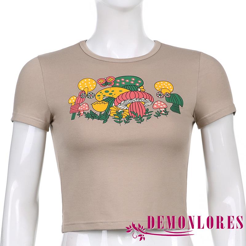 Áo Croptop Tay Ngắn Cổ Tròn Hoạ Tiết Hoạt Hình Cho Nữ