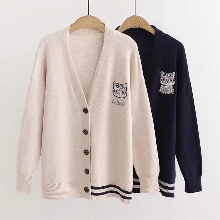 Áo cardigan len huy hiệu mèo dáng ngắn xuất Nhật - hàng đẹp chất dày dặn | BigBuy360 - bigbuy360.vn