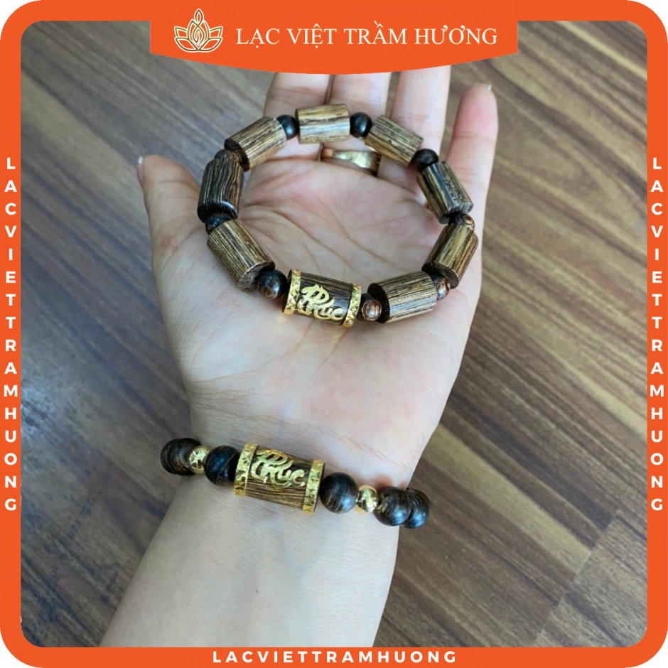 Bộ Đôi Vòng Tay Trầm Hương Sánh Chìm Bọc Vàng Chữ PHÚC Cao Cấp - Nam 10mm Nữ 8mm - Tài Lộc - Hạnh Phúc - Phú Quý