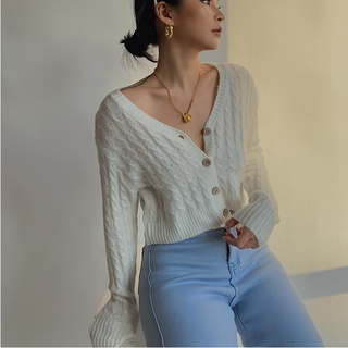 Siêu Mềm Sáp Màu Trơn Ngắn Dệt Kim Cardigan Áo Khoác Rời Lười Phong Cách Xoắn Eo Cao Cắt Áo Dệt Kim Châu Âu Mỹ Phong Cách Mỹ Preppy Áo Len Dài Tay Nút Áo Len Ngoài Bé Gái Ngắn