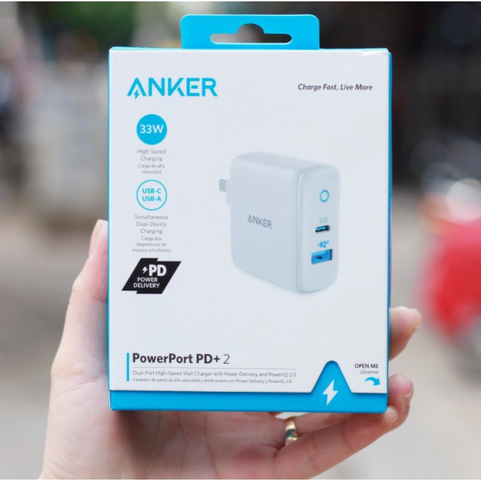 Củ sạc nhanh Anker powerport 2+ PD 33W a2626 Type C + USB cho iphone 8 X 11 12 và samsung