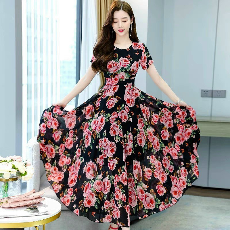 [HCM] Đầm Maxi Voan Chingfon 2 Lớp Họa Tiết Hoa Hồng Thời Trang Nữ Sam Closet Free Size 40-55kg