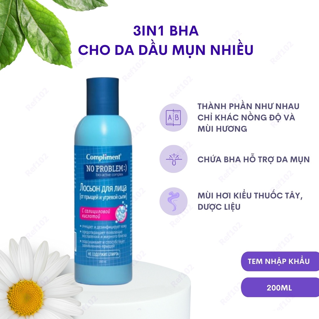 Toner BHA Compliment No Problem TRÀM TRÀ VÀ 3IN1 Chứa BHA Salicylic Acid Làm Sạch Da Kiềm Dầu Giảm Mụn 200ml