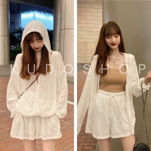 Set 2 món áo khoác tay dài kèm mũ phối quần đùi KUDOSHOP Bộ thu đông nữ ba màu mặc đi dạo phố, đi chơi trẻ trung