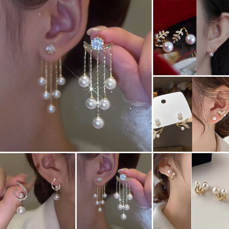 Bông Tai Dạng Xỏ Đính Ngọc Trai Pha Lê Thời Trang Cho Nữ