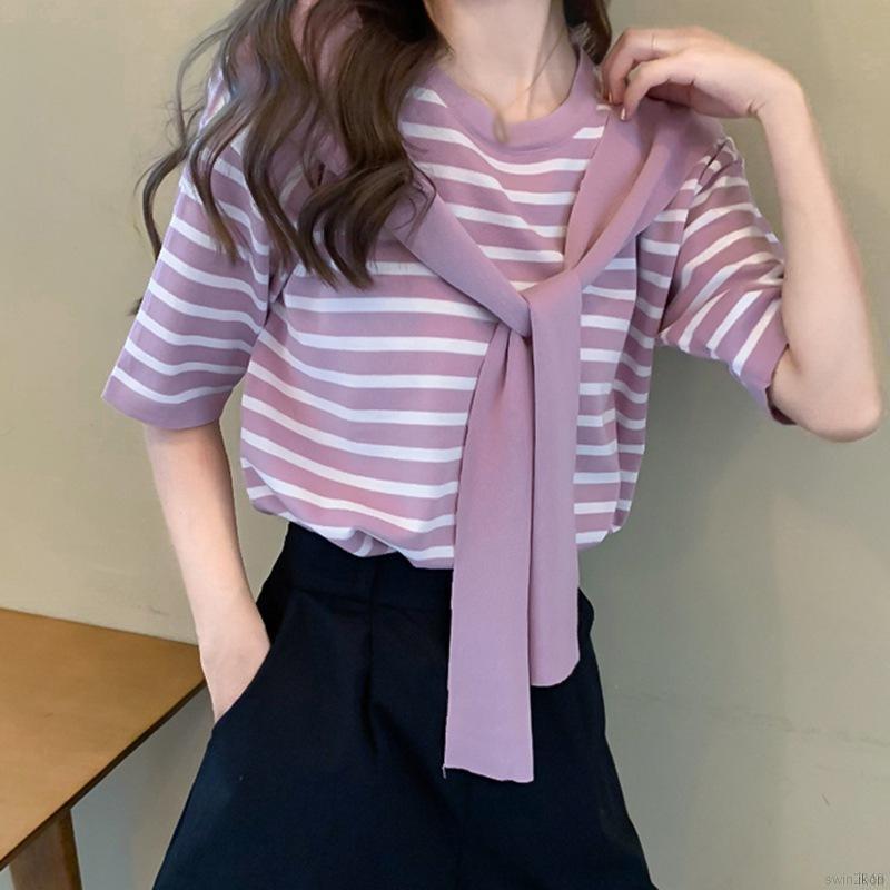 Áo Thun Nữ Tay Ngắn Kẻ Sọc Giả Hai Lớp