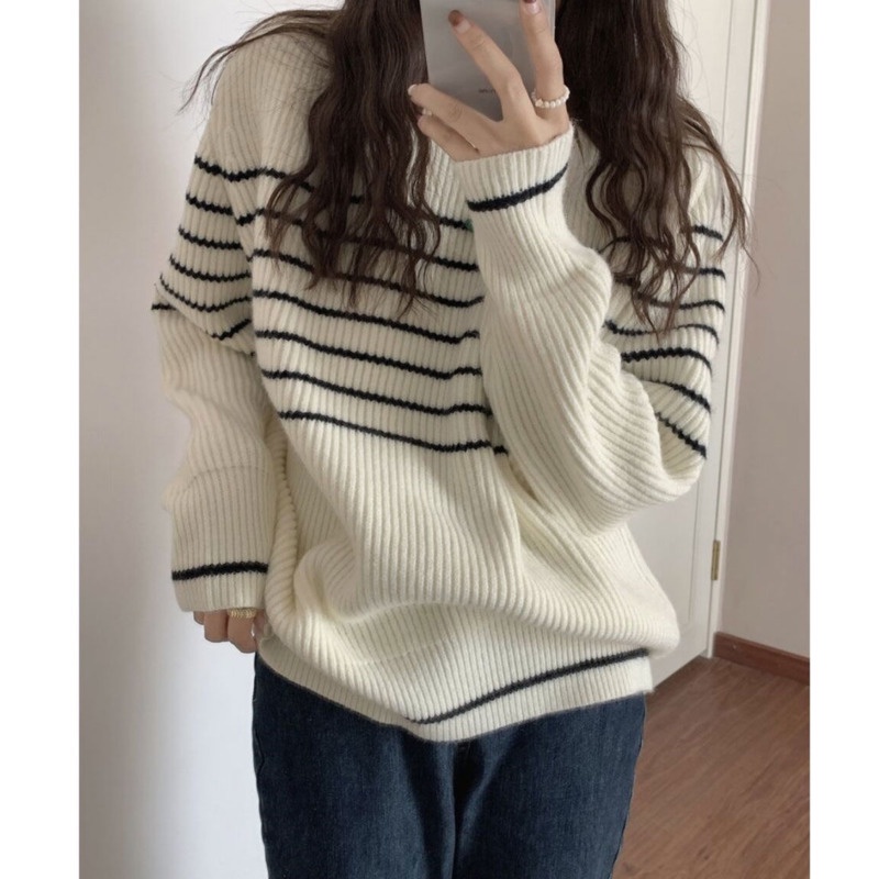 Áo Len Nữ Dài Tay Cổ Tròn Sọc Ngang Thời Trang Hàn