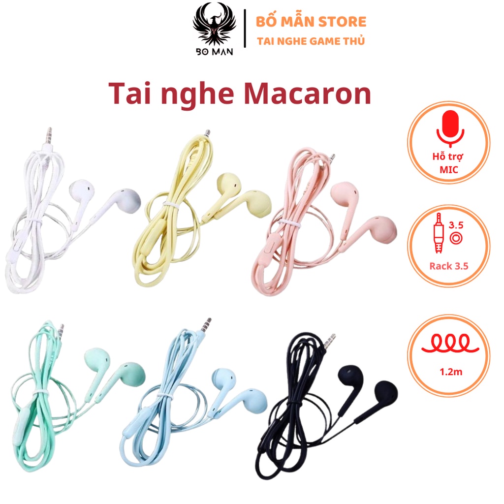 Tai nghe có dây nhét tai BOMAN có mic âm thanh êm nhiều màu sắc Macaron HOTTREND  độc lạ jack cắm 3.5mm cho điện thoại