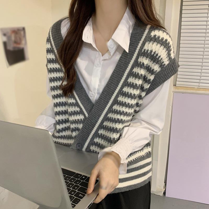 Áo Khoác Dệt Kim Không Tay Kẻ Sọc Phong Cách Cổ Điển Hàn Quốc