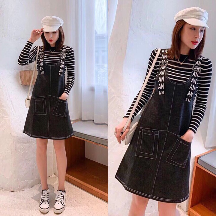 Đầm Yếm Jean Nữ 2 Dây In Chữ Thời Trang