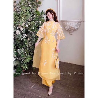 Áo dài cách tân organza nữ 4 tà Linh Lan vàng họa tiết đính kết sang trọng nổi bật tiểu thư mẫu mới thiết kế bởi Vinna