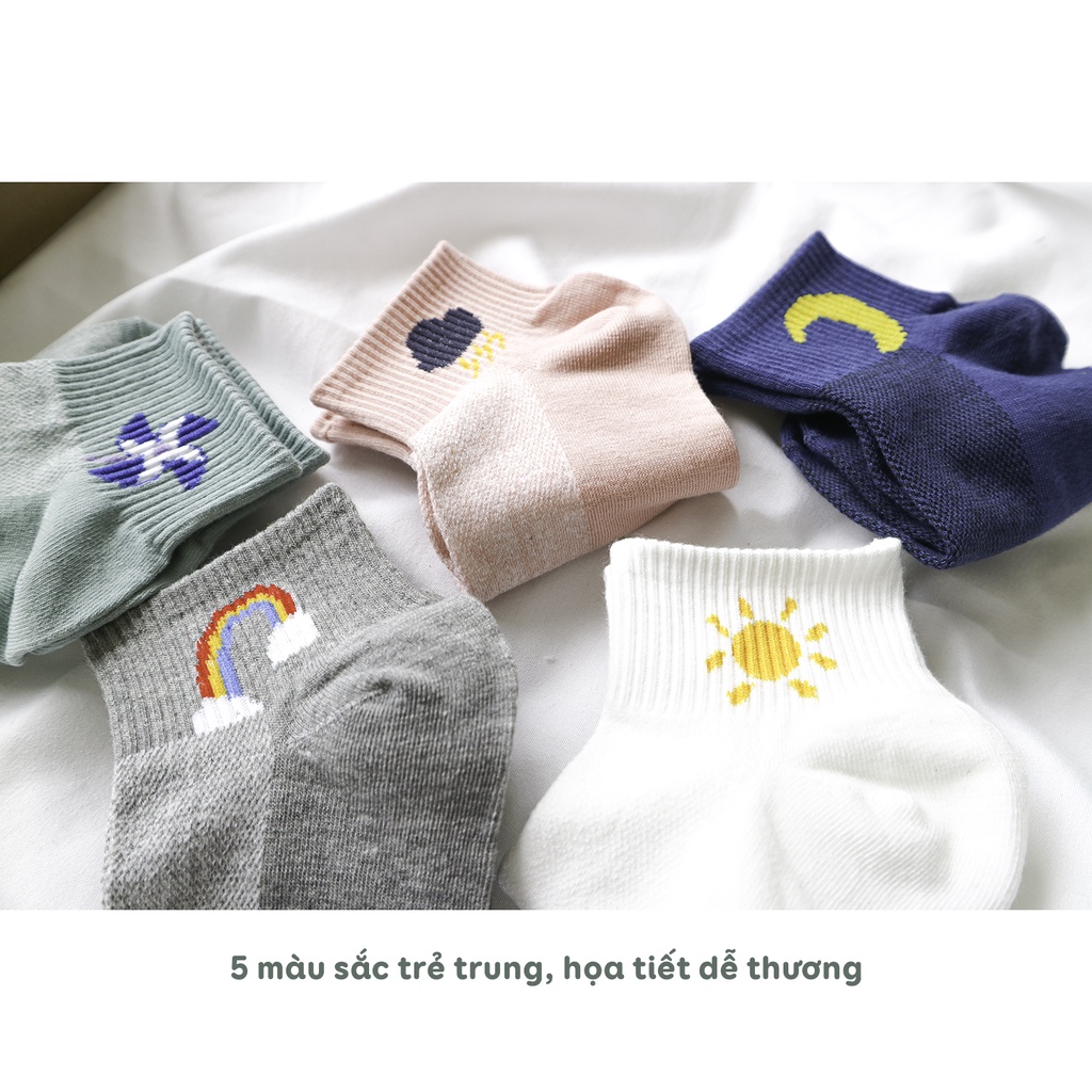 Tất vớ nữ cổ ngắn họa tiết hoạt hình, sét 5 đôi vớ tất nữ chất liệu cotton phong cách Vintage- Cherry Shop