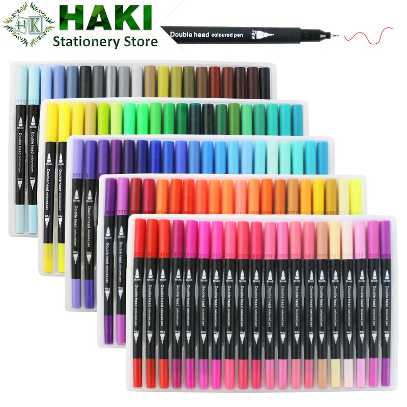 Bút brush 2 đầu bộ 12 cây viết calligraphy HAKI, bút dạ màu marker trang trí sổ bullet journal văn phòng phẩm B48
