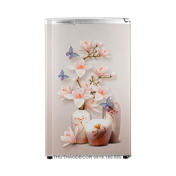 Decal dán tủ lạnh 3D BÌNH HOA GỐM TRẮNG  chống nước và lau chùi thoài mái - Trang trí nhà cửa