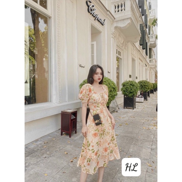 Váy hoa midi vải voan tơ siêu tôn dáng