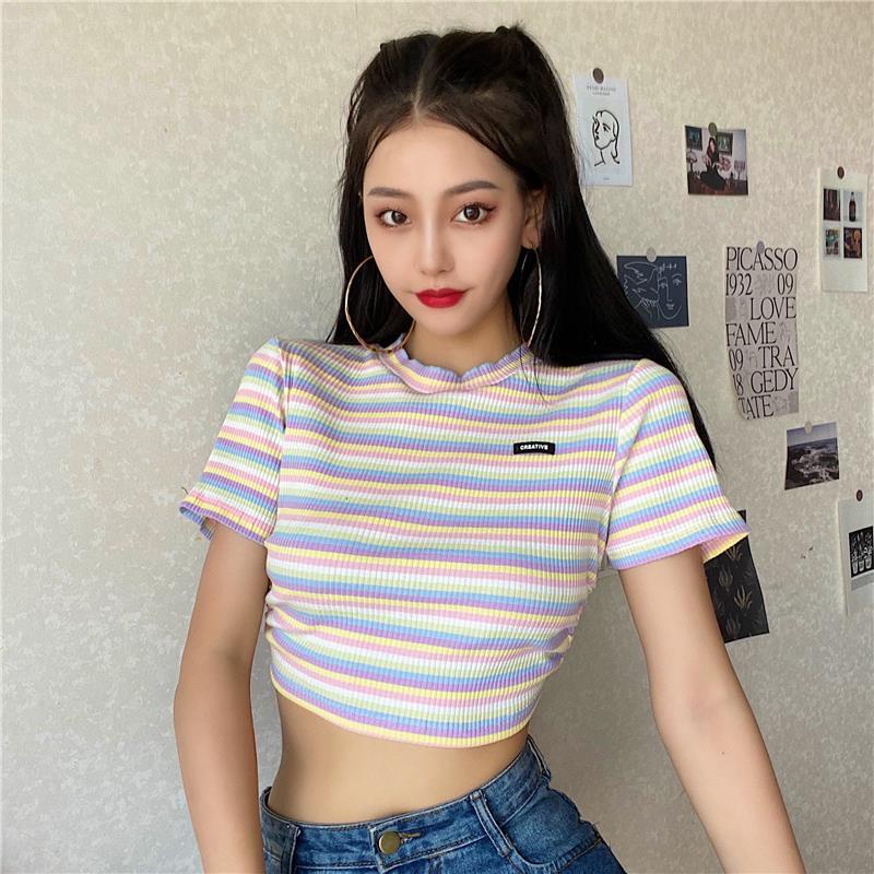 Áo thun nữ hở lưng tay ngắn họa tiết sọc ngang cá tính thời trang mùa hè