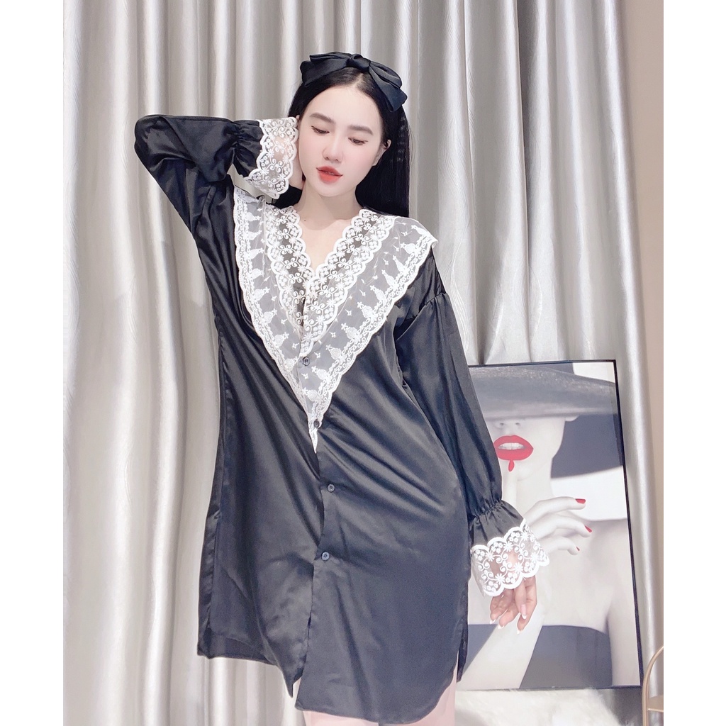 Đầm ngủ sơ mi bigsize váy ngủ lụa phối ren quyến rũ
