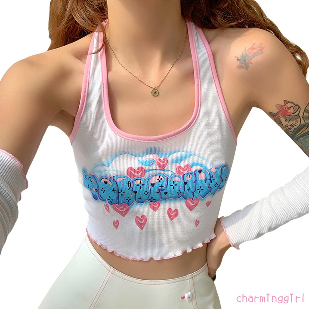 Áo Croptop Không Tay In Chữ Phối Dây Rút Ngọt Ngào Cho Nữ | BigBuy360 - bigbuy360.vn