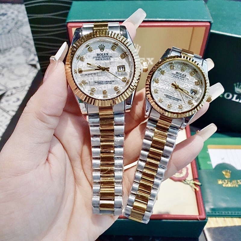 Đồng Hồ Cặp Đôi Nam Nữ Rolex 3D Mới 2022 F1 Dây Kim Loại Lịch Ngày Chống Nước