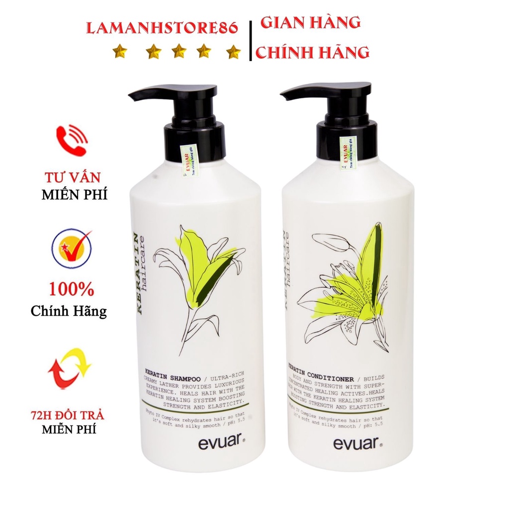 Dầu Gội Evuar keratin kiềm dầu siêu phục hồi tóc yêu nát mềm mượt chống rụng tóc hương thơm nước hoa cặp 785mlchính hãng