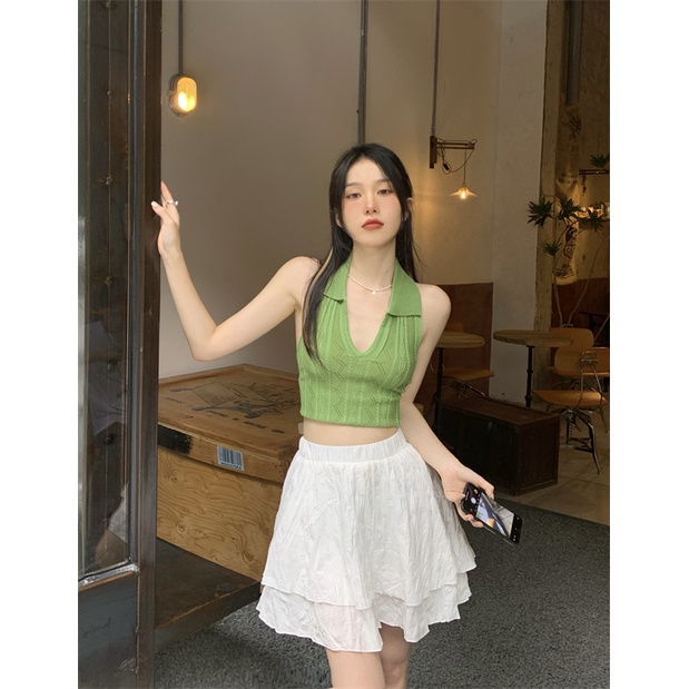 Cocory vn Áo croptop dệt kim  màu trơn không tay thời trang gợi cảm cho nữ