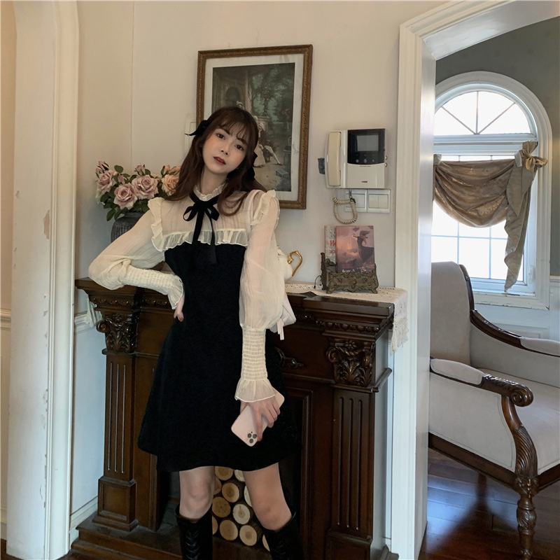 Váy Tay Bồng Nơ Đen ⚡️ẢNH THẬT⚡️Váy Đầm Cotton, Dáng Xinh Tay Dài Cho Nữ | BigBuy360 - bigbuy360.vn