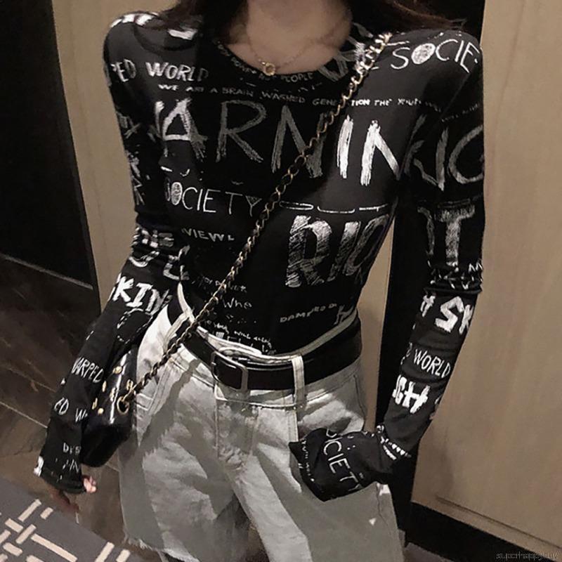 Áo Thun Dài Tay Họa Tiết Graffiti Thiết Kế Đơn Giản