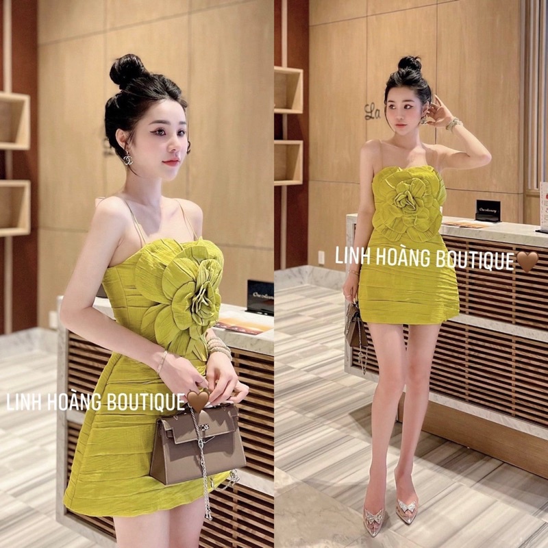 VÁY 2S XANH BƠ THIẾT KẾ BÔNG HOA TO XẾP LỚP NGỰC
