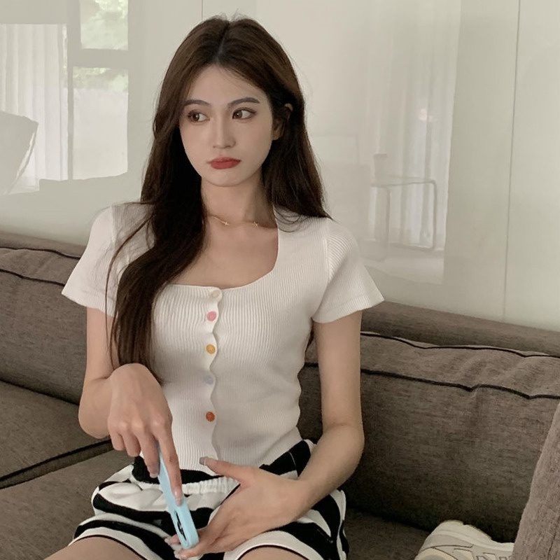 Áo Len Tay Ngắn Cổ Vuông Màu Sắc Ngọt Ngào Thời Trang Mùa Hè Cho Nữ