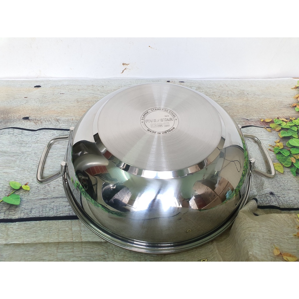 Chảo Lẩu xào sâu lòng 3 đáy inox 430 Fivestar 24-26-28-32cm Đáy từ Vung Kính