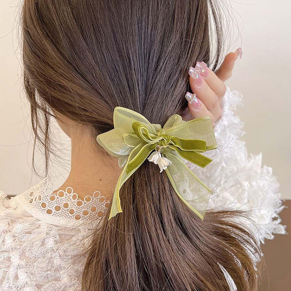 Dây Cột Tóc Đuôi Ngựa Co Giãn Đính Nơ Và Hoa Lan Thanh Lịch Cho Nữ