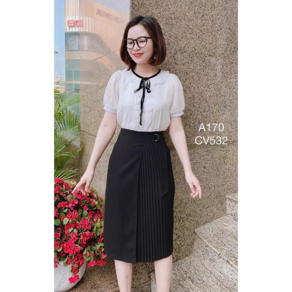 Áo sơ mi tơ óng cổ trụ bèo cổ cúc ngọc cộc tay - áo sơ mi công sở nữ 089