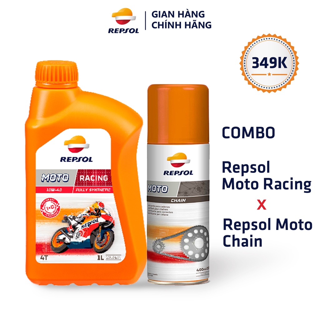 Combo Nhớt Xe Máy Repsol Moto Racing 10w40 1L + Xịt Dưỡng Sên Repsol 400ml