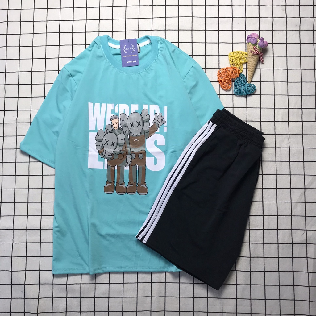 Set Đồ Bộ Tay Lỡ In Hình Kaws Xanh Quần 3line - Lapi VN Phong Cách Unisex , Đồ Mặc Nhà Dễ Thương