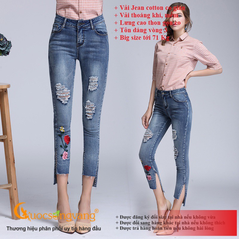 Quần jean nữ ống lỡ xẻ lai quần nữ thêu hoa hồng màu xanh đen GLQ082 Cuocsongvang