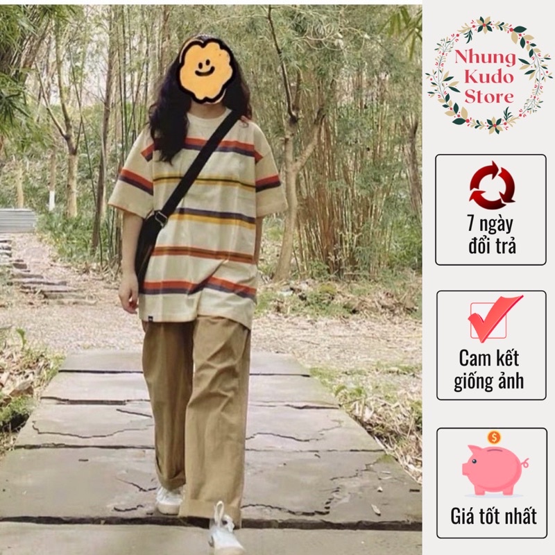 Set bộ áo phông kẻ ngang kèm quần kaki nâu form rộng Nhungkudostore
