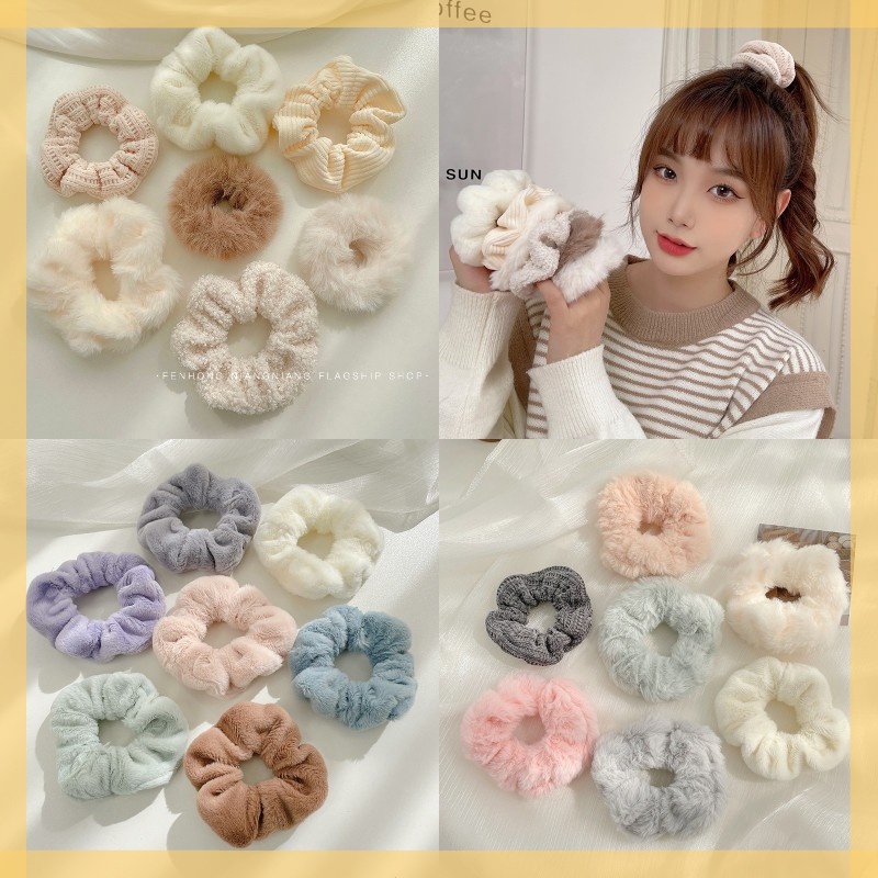 Set 7 Dây Buộc Tóc Vải Nhung Lông Cừu Mềm Mại Phong Cách Hàn Quốc Cho Nữ