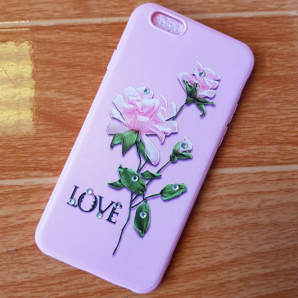 Ốp Lưng iPhone 6 / 6s Dẻo Hồng Hoa 4D Đính Đá Cao Cấp