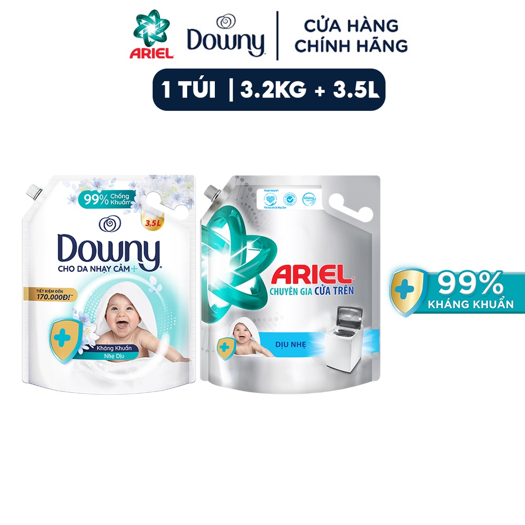 Combo Nước Giặt ARIEL Dịu Nhẹ Cho Da Nhạy Cảm Túi 3.25Kg VÀ Nước Xả Vải DOWNY Mềm Mại Tinh Khiết Túi 3.5L