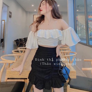 Set áo đũi trễ vai + chân váy nhún