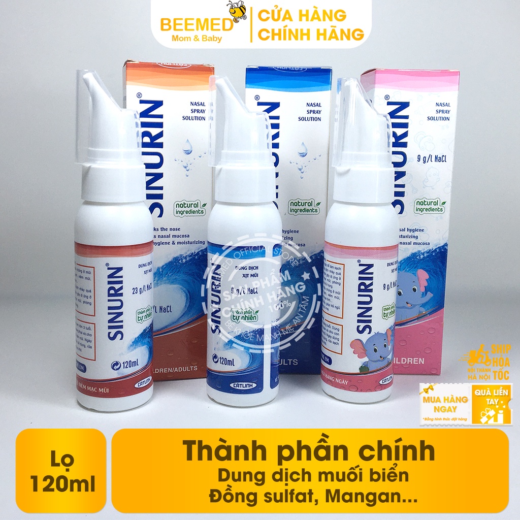 Xịt nước muối biển Sinurin của Dược Cát Linh từ muối ưu trương, đẳng trương, cho bé từ 3 tháng và người lớn Lọ 120ml