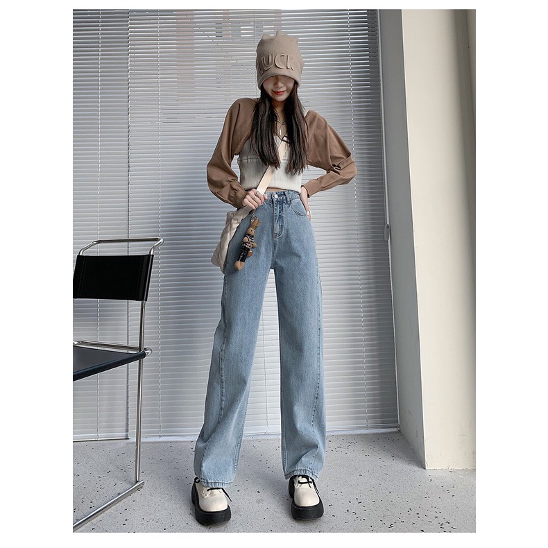 Quần Jeans Bò Nữ Ống Xuông Thiết Kế Đường Chỉ Nổi Cá Tính TDSHOP, Quần Bò Lưng Cao Dáng Suông Ulzzang Cao Cấp