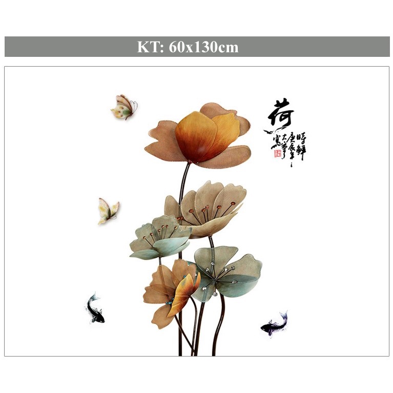 Tranh dán tường 3D Hoa sen + Bướm và Cá