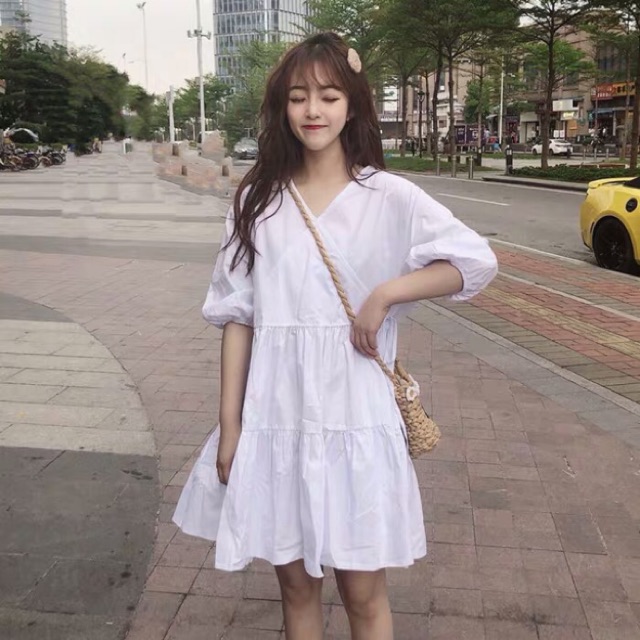 ☘️Váy thô baby doll xoè tầng cổ chéo Ulzzang style☘️ Hàng Quảng Châu