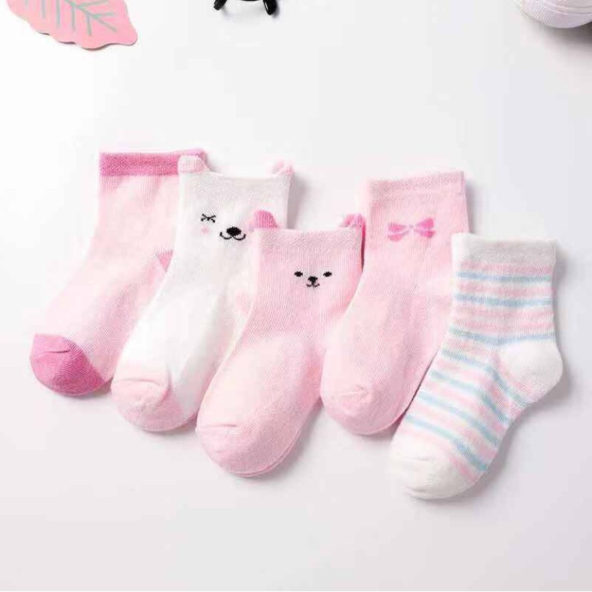 Set 5 Đôi Vớ Cotton Thoáng Khí Giữ Ấm Chống Trượt In Họa Tiết Gấu Hoạt Hình Cho Bé