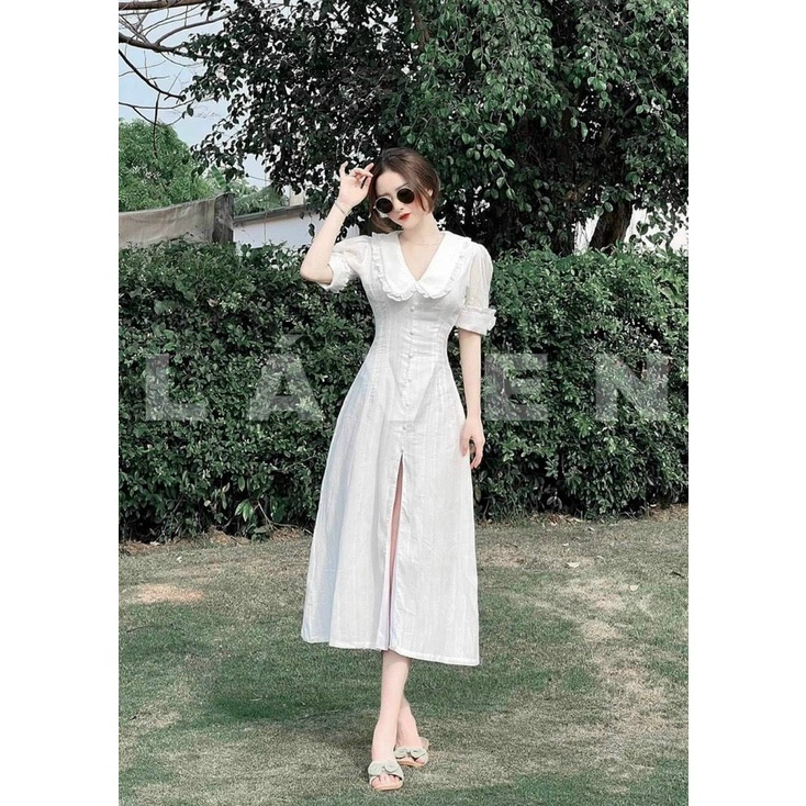 Đầm Xòe Cổ Bèo Nút Bọc Xẻ Tà Phong Cách Thanh Lịch