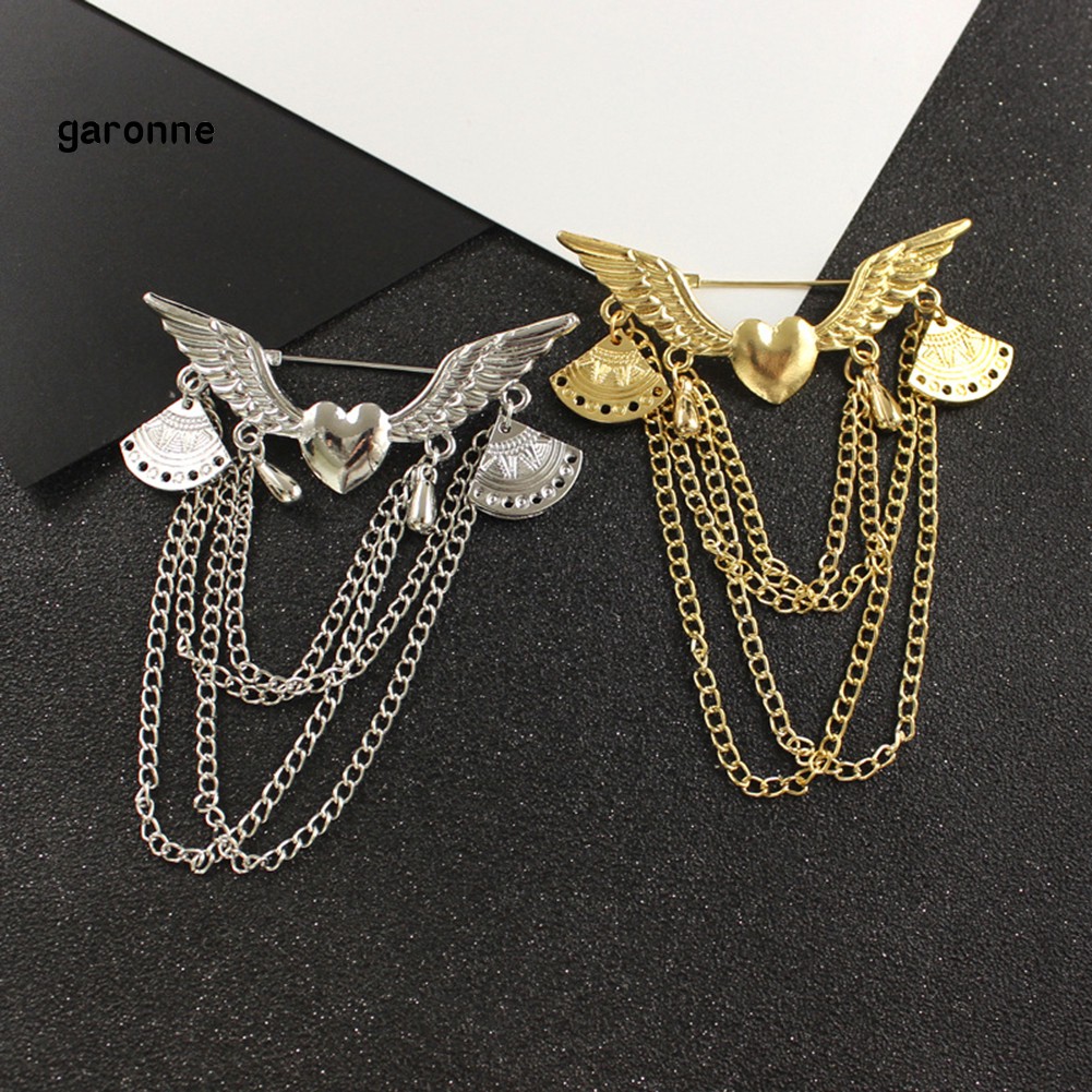GA_Retro Angel Wing Heart Shirt Suit Collar Tip Lapel Brooch Pin with Chain Tassel